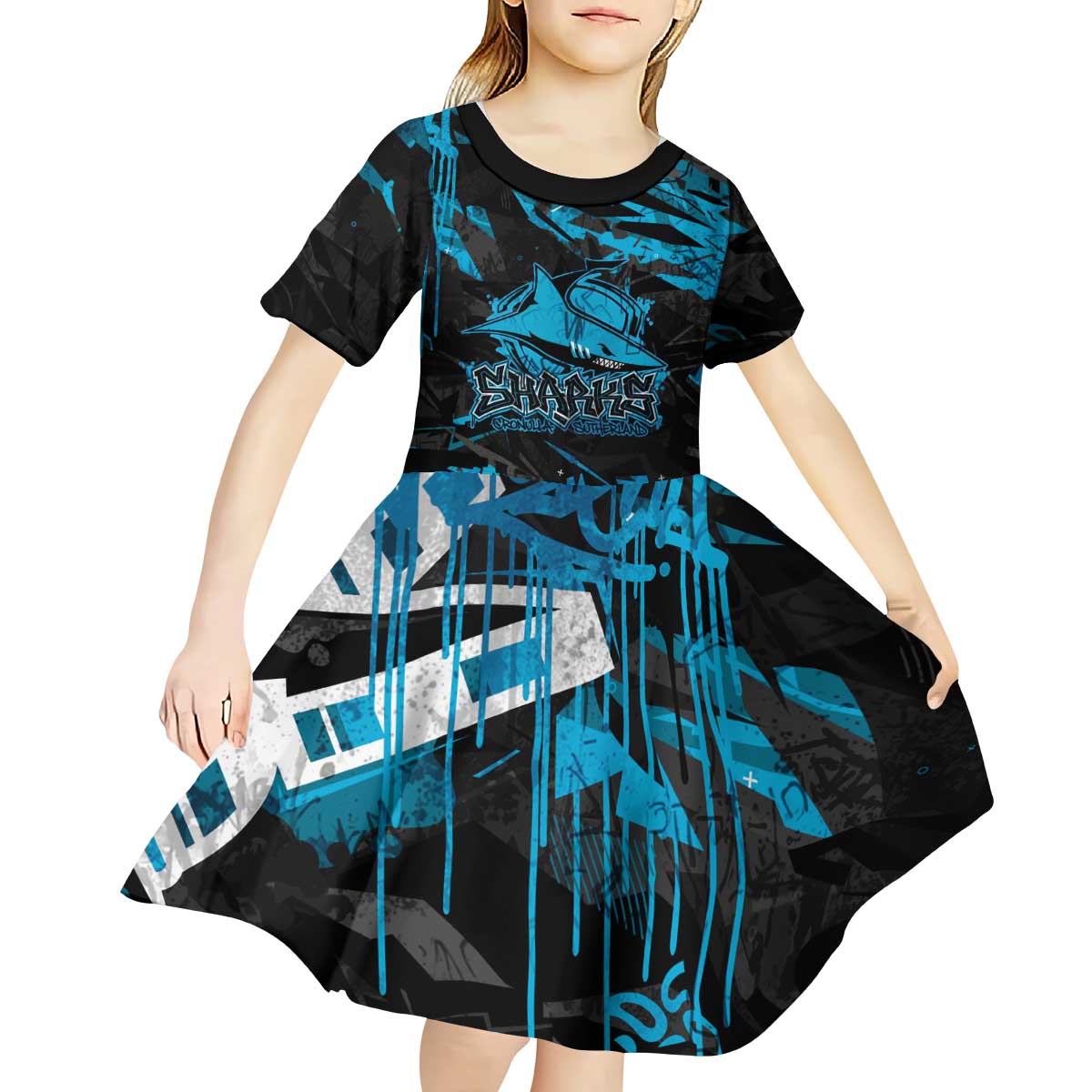 Personalized Cronulla Sutherland Sharks Kid Short Sleeve Dress Graffiti Grunge Abstract Urban Street Style Design