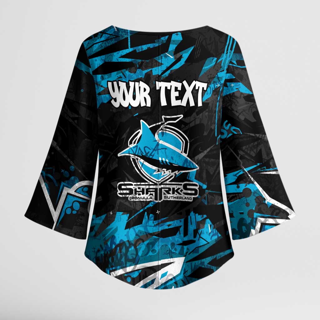 Personalized Cronulla Sutherland Sharks Kimono Sleeve Blouse Graffiti Grunge Abstract Urban Street Style Design
