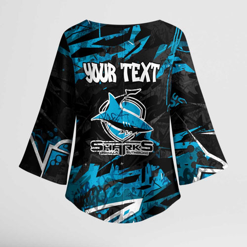 Personalized Cronulla Sutherland Sharks Kimono Sleeve Blouse Graffiti Grunge Abstract Urban Street Style Design