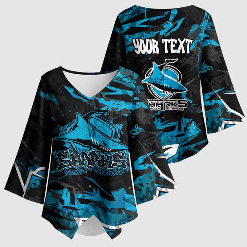 Personalized Cronulla Sutherland Sharks Kimono Sleeve Blouse Graffiti Grunge Abstract Urban Street Style Design
