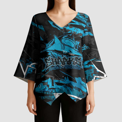 Personalized Cronulla Sutherland Sharks Kimono Sleeve Blouse Graffiti Grunge Abstract Urban Street Style Design