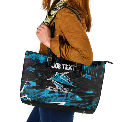 Personalized Cronulla Sutherland Sharks Leather Tote Bag Graffiti Grunge Abstract Urban Street Style Design