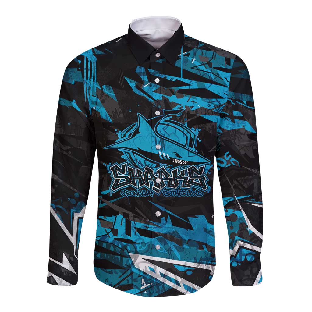 Personalized Cronulla Sutherland Sharks Long Sleeve Button Shirt Graffiti Grunge Abstract Urban Street Style Design