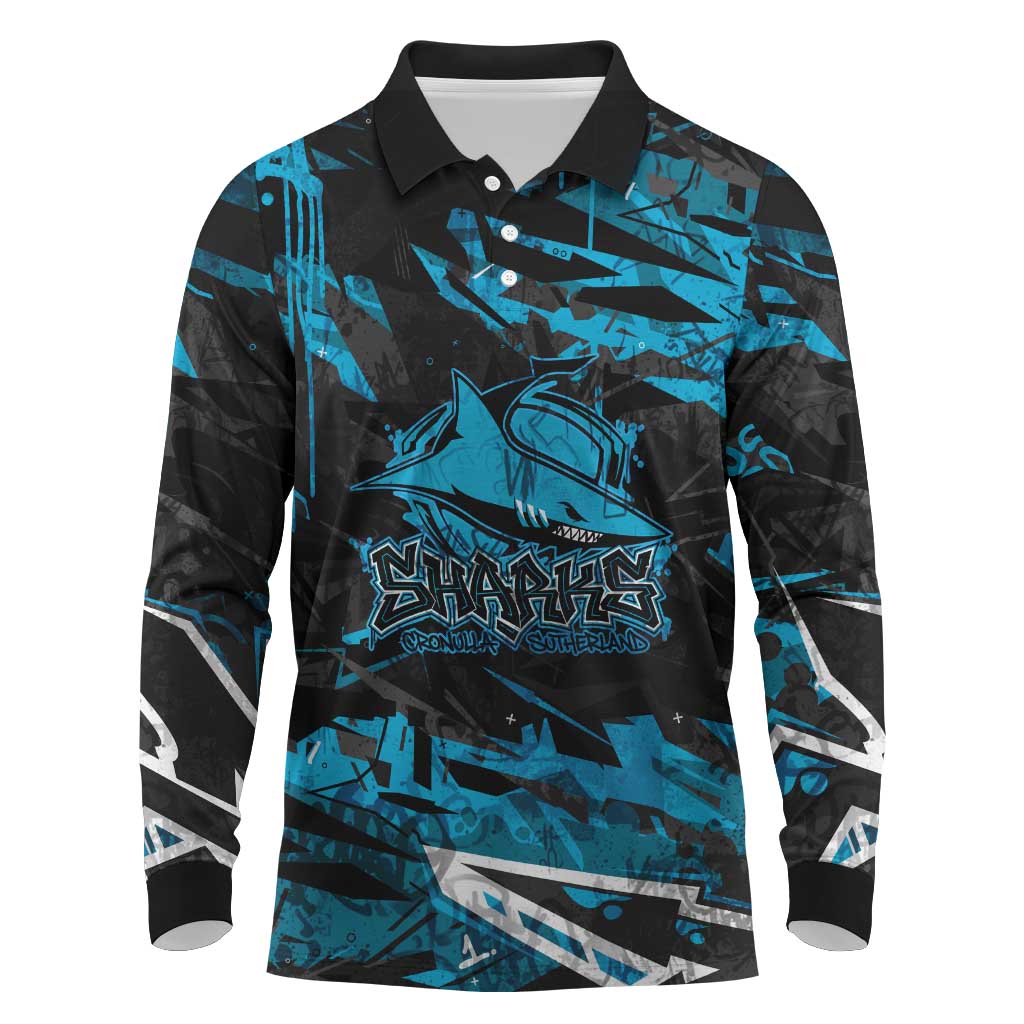 Personalized Cronulla Sutherland Sharks Long Sleeve Polo Shirt Graffiti Grunge Abstract Urban Street Style Design