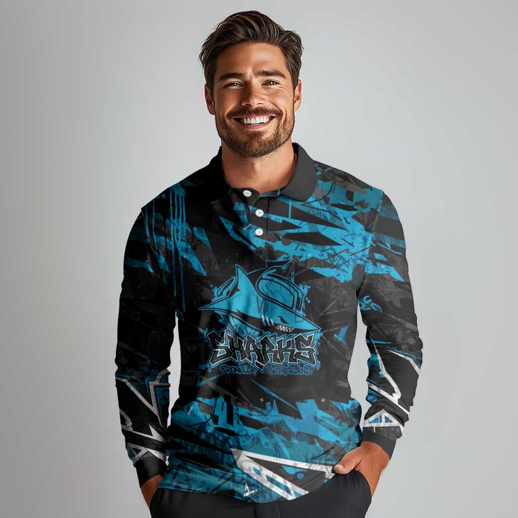 Personalized Cronulla Sutherland Sharks Long Sleeve Polo Shirt Graffiti Grunge Abstract Urban Street Style Design