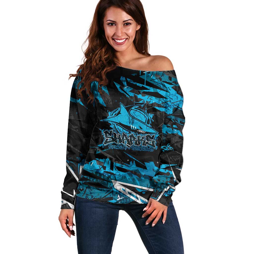 Personalized Cronulla Sutherland Sharks Off Shoulder Sweater Graffiti Grunge Abstract Urban Street Style Design