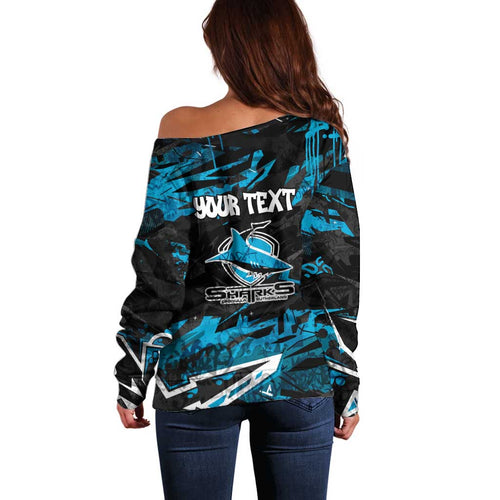 Personalized Cronulla Sutherland Sharks Off Shoulder Sweater Graffiti Grunge Abstract Urban Street Style Design