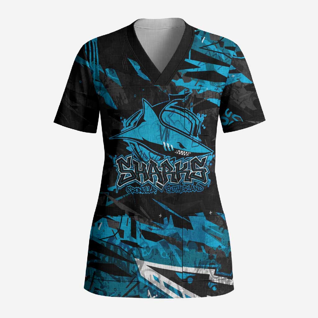 Personalized Cronulla Sutherland Sharks Scrub Top Graffiti Grunge Abstract Urban Street Style Design