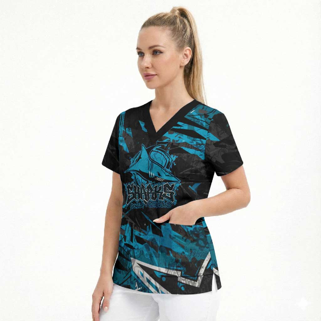 Personalized Cronulla Sutherland Sharks Scrub Top Graffiti Grunge Abstract Urban Street Style Design