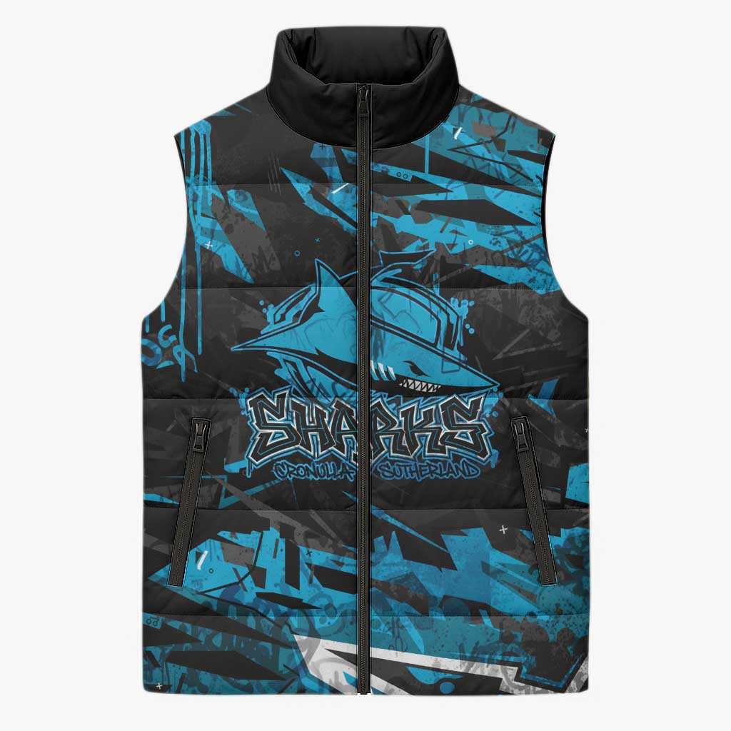 Personalized Cronulla Sutherland Sharks Sleeveless Puffer Jacket Graffiti Grunge Abstract Urban Street Style Design