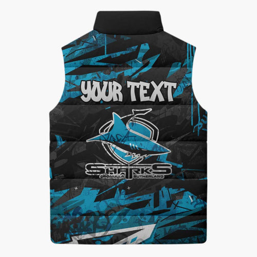Personalized Cronulla Sutherland Sharks Sleeveless Puffer Jacket Graffiti Grunge Abstract Urban Street Style Design