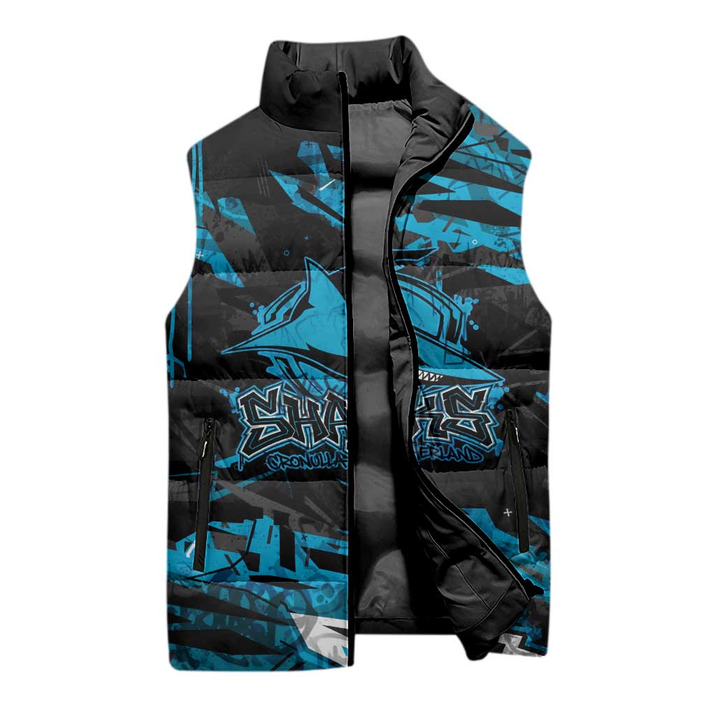 Personalized Cronulla Sutherland Sharks Sleeveless Puffer Jacket Graffiti Grunge Abstract Urban Street Style Design