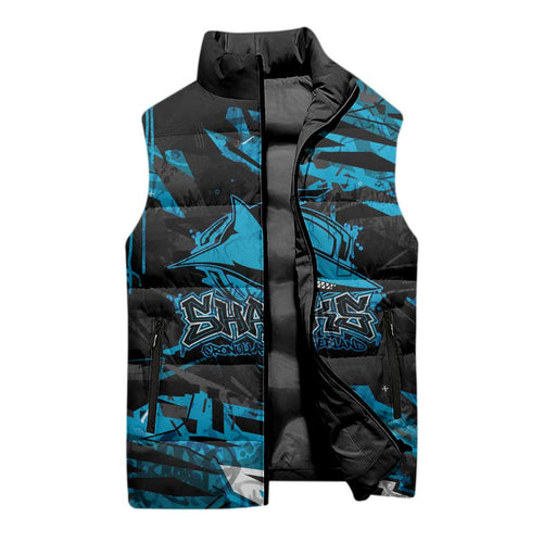 Personalized Cronulla Sutherland Sharks Sleeveless Puffer Jacket Graffiti Grunge Abstract Urban Street Style Design