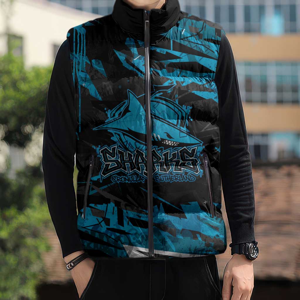 Personalized Cronulla Sutherland Sharks Sleeveless Puffer Jacket Graffiti Grunge Abstract Urban Street Style Design