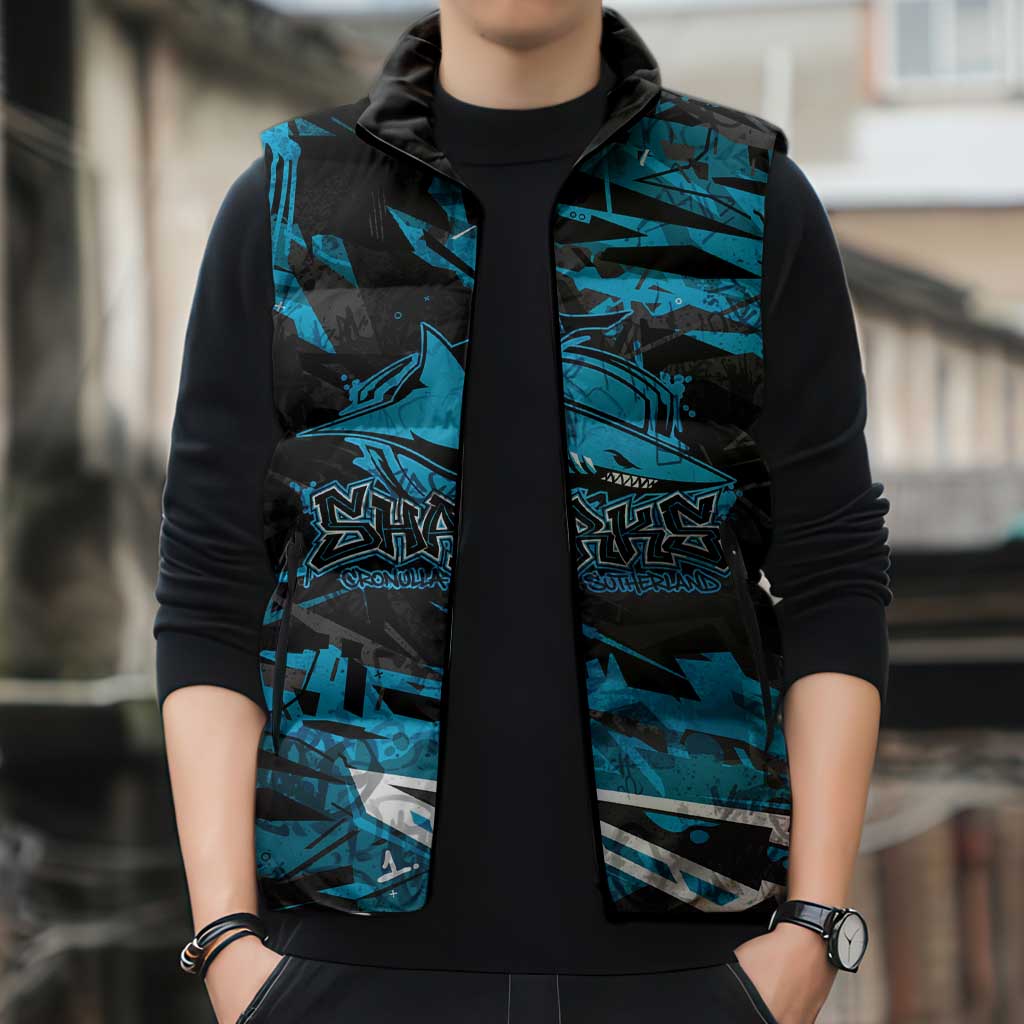 Personalized Cronulla Sutherland Sharks Sleeveless Puffer Jacket Graffiti Grunge Abstract Urban Street Style Design