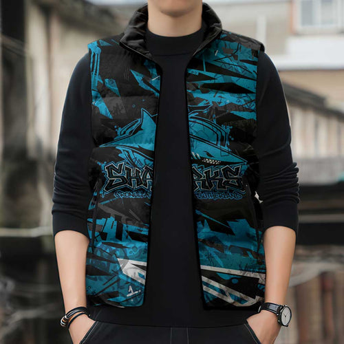 Personalized Cronulla Sutherland Sharks Sleeveless Puffer Jacket Graffiti Grunge Abstract Urban Street Style Design