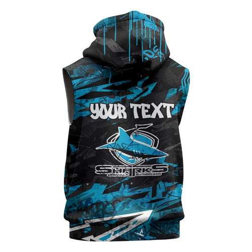 Personalized Cronulla Sutherland Sharks Sleeveless Zip Hoodie Graffiti Grunge Abstract Urban Street Style Design