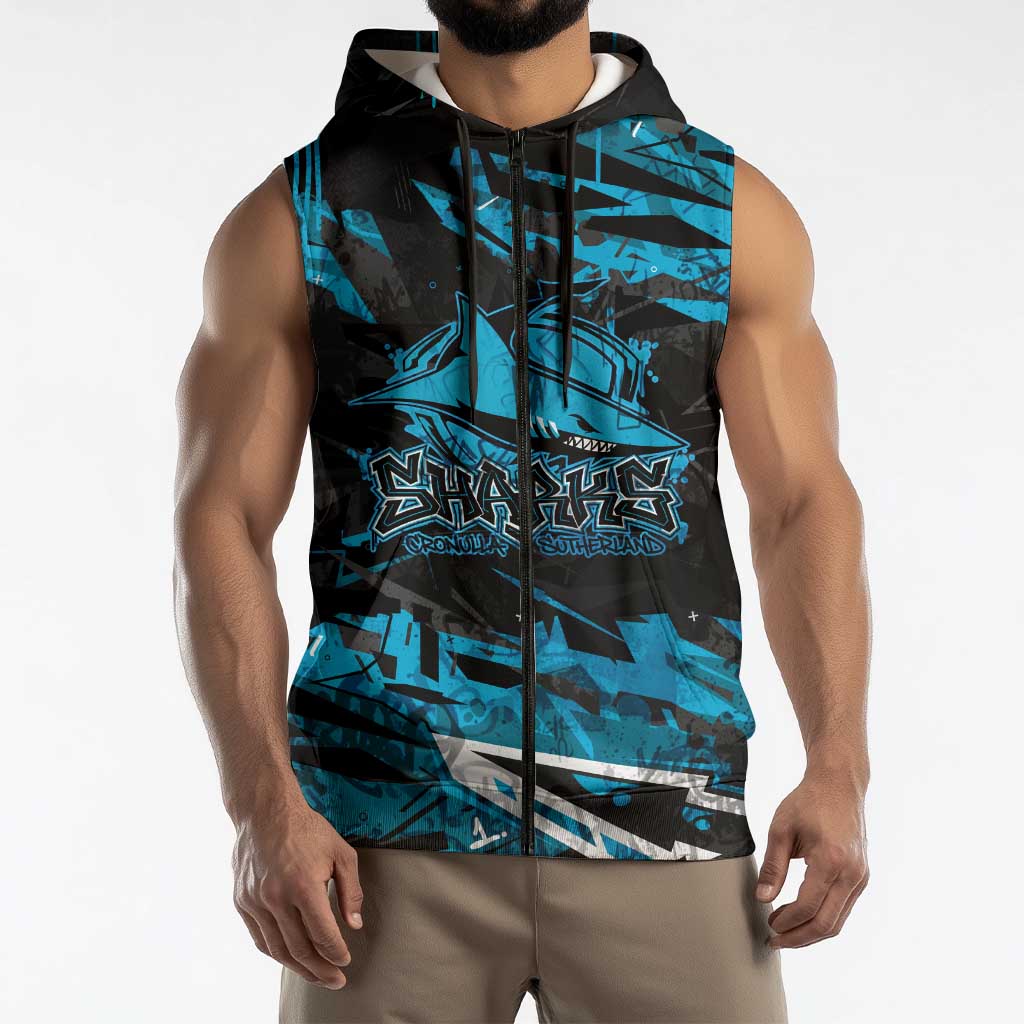 Personalized Cronulla Sutherland Sharks Sleeveless Zip Hoodie Graffiti Grunge Abstract Urban Street Style Design