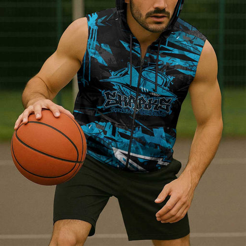 Personalized Cronulla Sutherland Sharks Sleeveless Zip Hoodie Graffiti Grunge Abstract Urban Street Style Design
