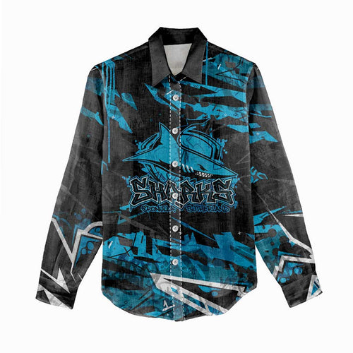 Personalized Cronulla Sutherland Sharks Women Casual Shirt Graffiti Grunge Abstract Urban Street Style Design