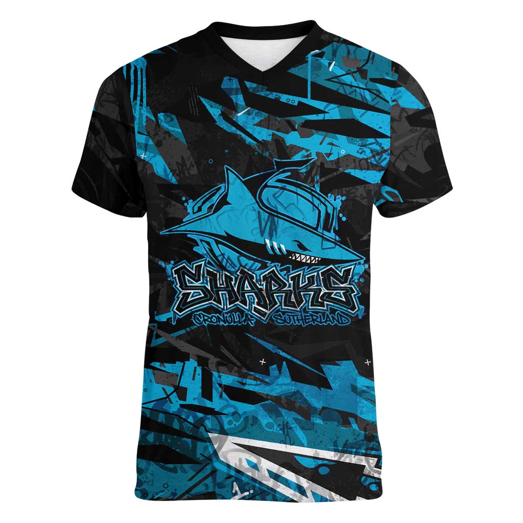 Personalized Cronulla Sutherland Sharks Women V-Neck T-Shirt Graffiti Grunge Abstract Urban Street Style Design