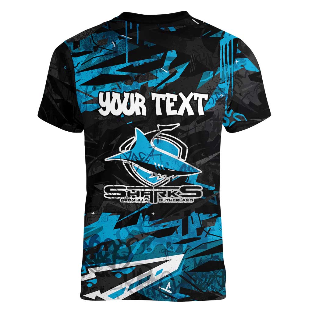 Personalized Cronulla Sutherland Sharks Women V-Neck T-Shirt Graffiti Grunge Abstract Urban Street Style Design