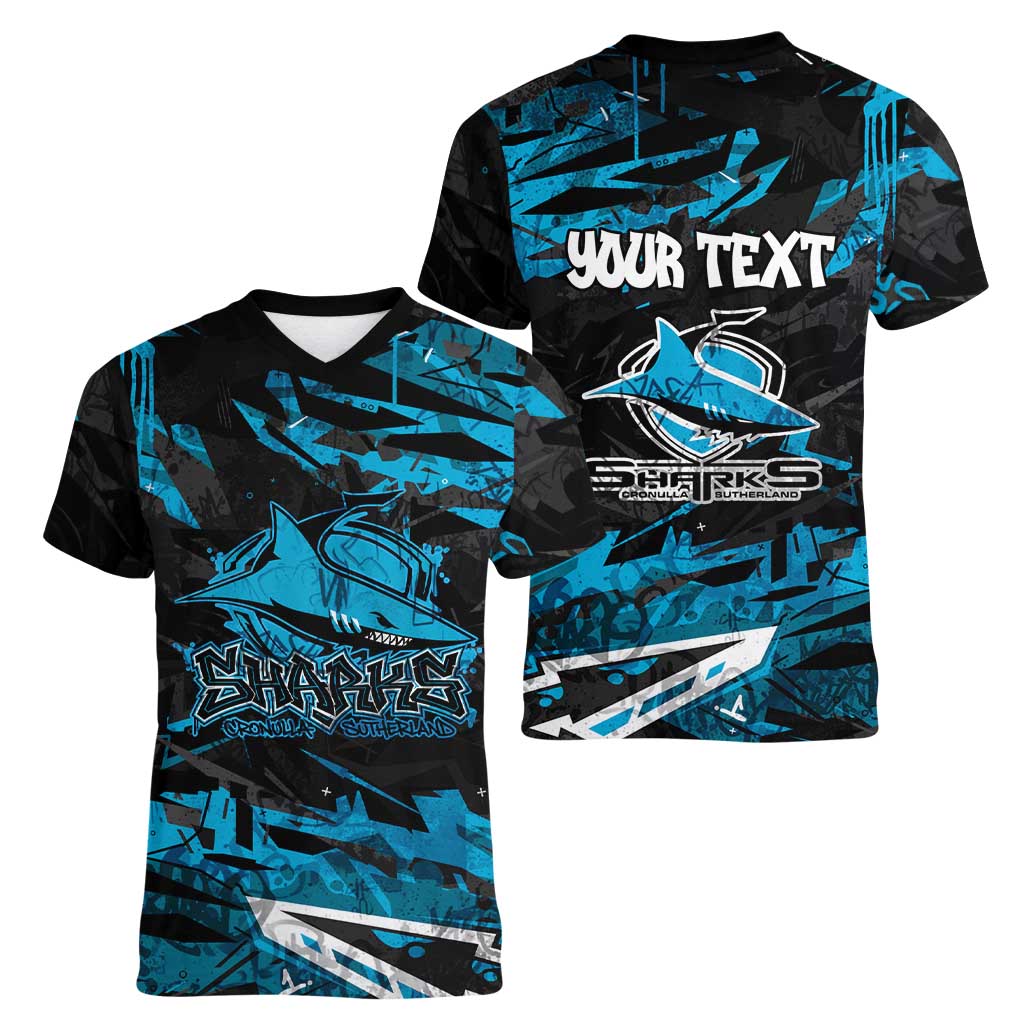 Personalized Cronulla Sutherland Sharks Women V-Neck T-Shirt Graffiti Grunge Abstract Urban Street Style Design