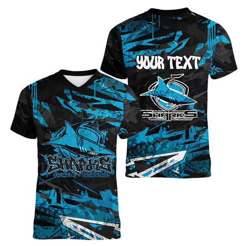Personalized Cronulla Sutherland Sharks Women V-Neck T-Shirt Graffiti Grunge Abstract Urban Street Style Design