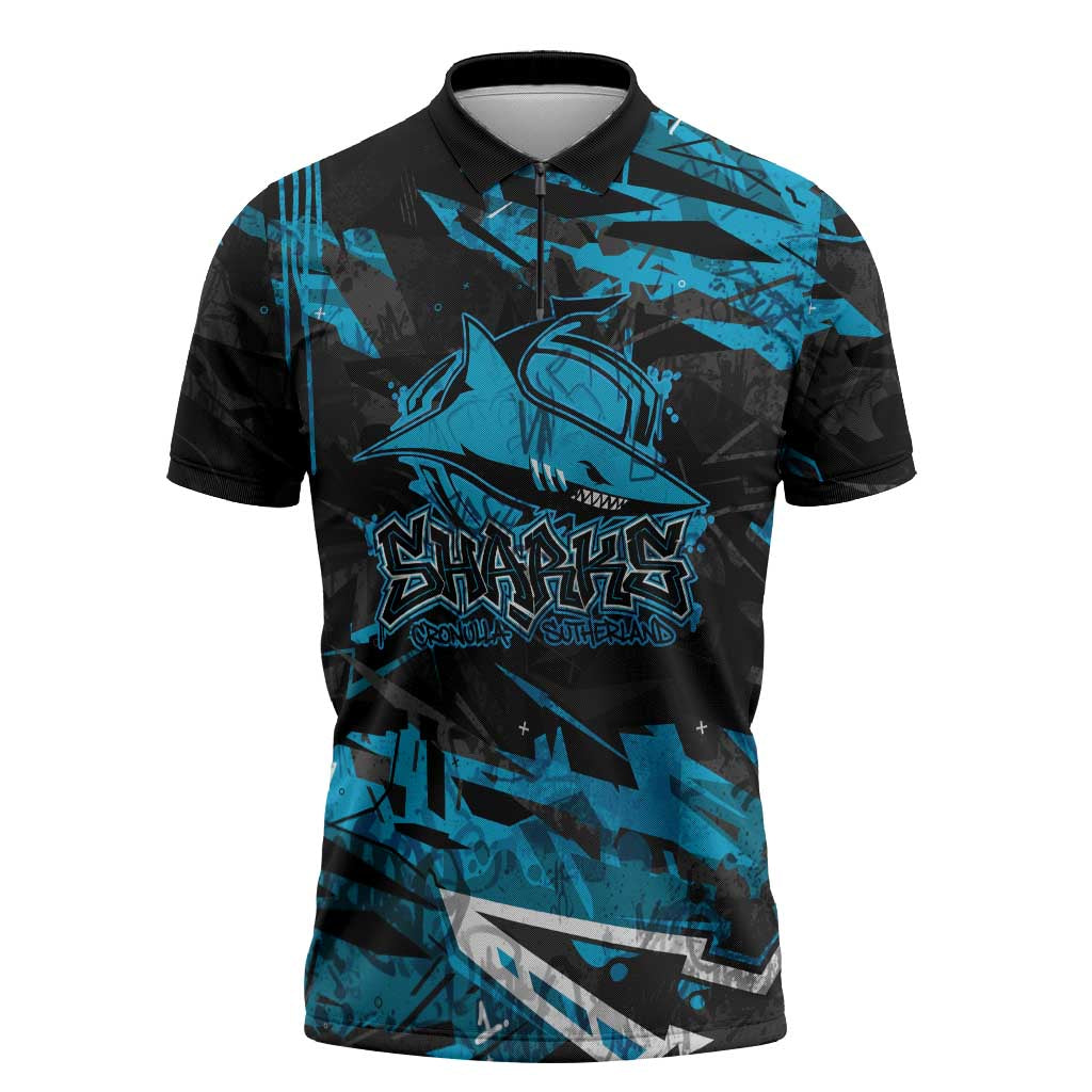 Personalized Cronulla Sutherland Sharks Zipper Polo Shirt Graffiti Grunge Abstract Urban Street Style Design