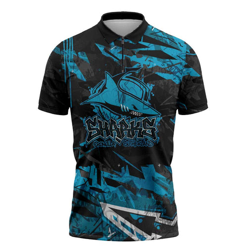 Personalized Cronulla Sutherland Sharks Zipper Polo Shirt Graffiti Grunge Abstract Urban Street Style Design