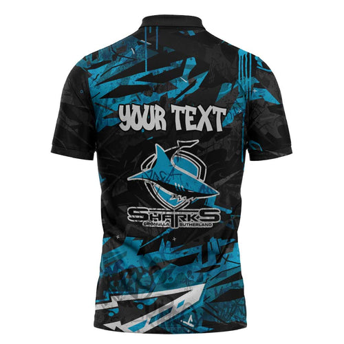 Personalized Cronulla Sutherland Sharks Zipper Polo Shirt Graffiti Grunge Abstract Urban Street Style Design