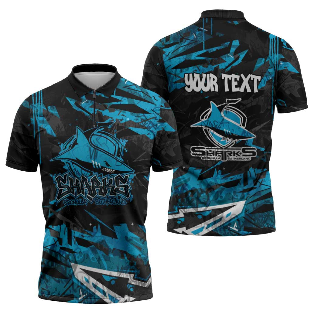 Personalized Cronulla Sutherland Sharks Zipper Polo Shirt Graffiti Grunge Abstract Urban Street Style Design