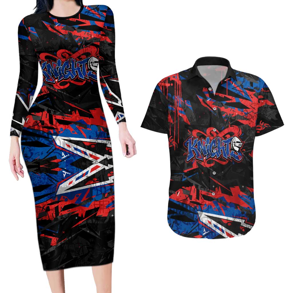 Personalized Newcastle Knights Couples Matching Long Sleeve Bodycon Dress and Hawaiian Shirt Graffiti Grunge Abstract Urban Street Style Design