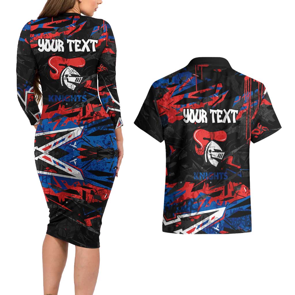 Personalized Newcastle Knights Couples Matching Long Sleeve Bodycon Dress and Hawaiian Shirt Graffiti Grunge Abstract Urban Street Style Design