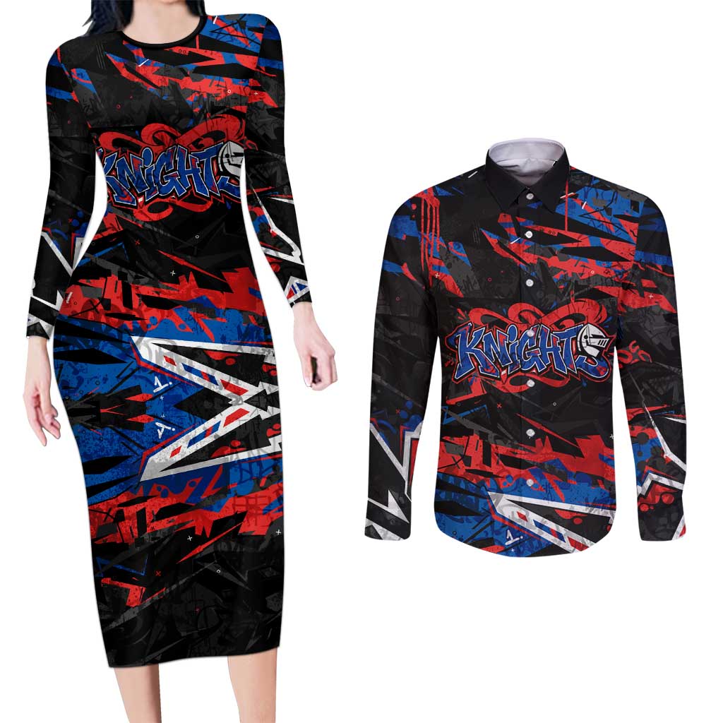 Personalized Newcastle Knights Couples Matching Long Sleeve Bodycon Dress and Long Sleeve Button Shirt Graffiti Grunge Abstract Urban Street Style Design