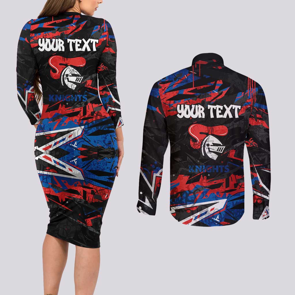 Personalized Newcastle Knights Couples Matching Long Sleeve Bodycon Dress and Long Sleeve Button Shirt Graffiti Grunge Abstract Urban Street Style Design