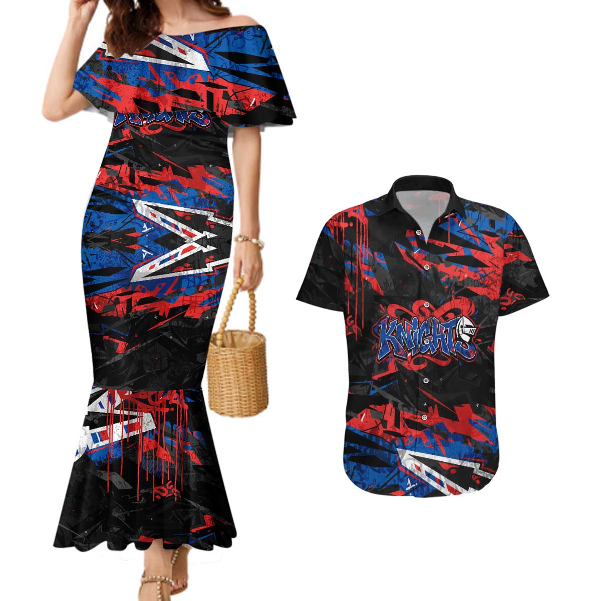 Personalized Newcastle Knights Couples Matching Mermaid Dress and Hawaiian Shirt Graffiti Grunge Abstract Urban Street Style Design