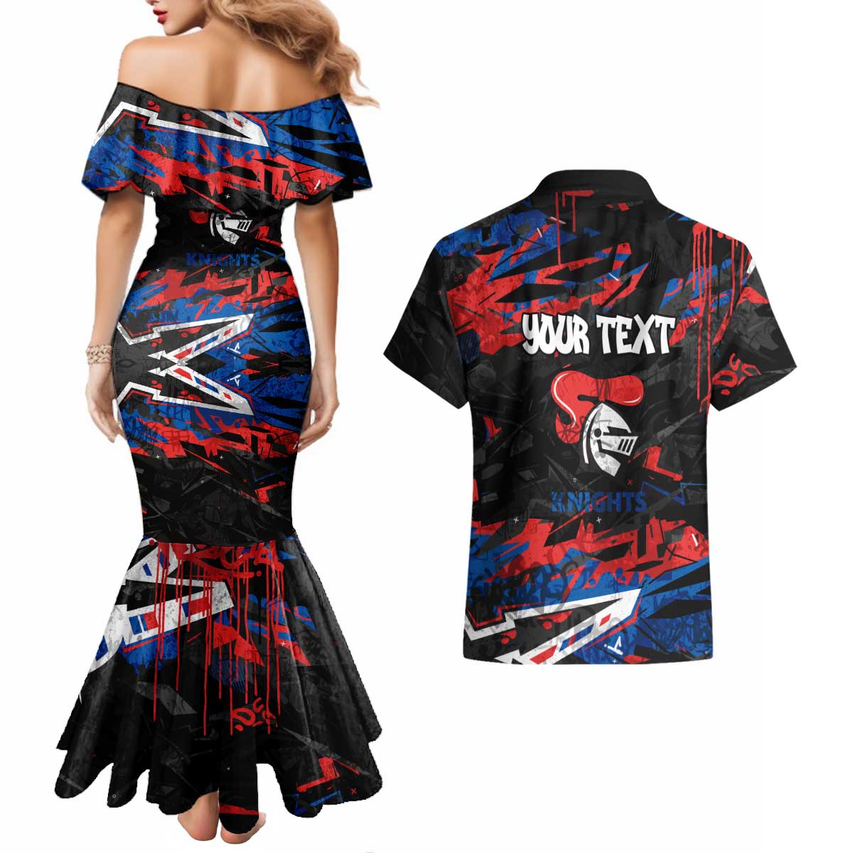 Personalized Newcastle Knights Couples Matching Mermaid Dress and Hawaiian Shirt Graffiti Grunge Abstract Urban Street Style Design