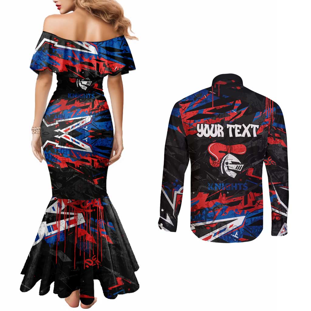 Personalized Newcastle Knights Couples Matching Mermaid Dress and Long Sleeve Button Shirt Graffiti Grunge Abstract Urban Street Style Design