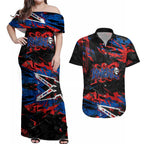 Personalized Newcastle Knights Couples Matching Off Shoulder Maxi Dress and Hawaiian Shirt Graffiti Grunge Abstract Urban Street Style Design