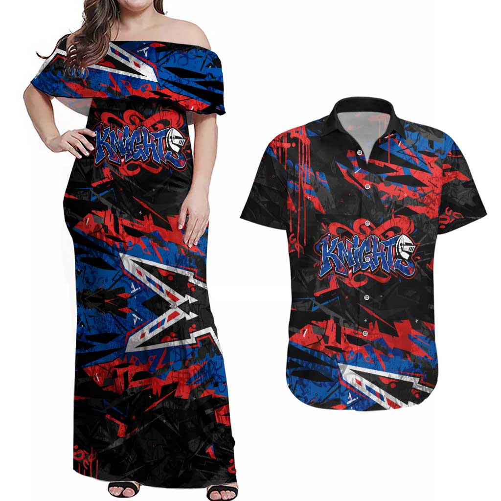 Personalized Newcastle Knights Couples Matching Off Shoulder Maxi Dress and Hawaiian Shirt Graffiti Grunge Abstract Urban Street Style Design
