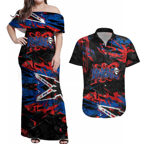 Personalized Newcastle Knights Couples Matching Off Shoulder Maxi Dress and Hawaiian Shirt Graffiti Grunge Abstract Urban Street Style Design