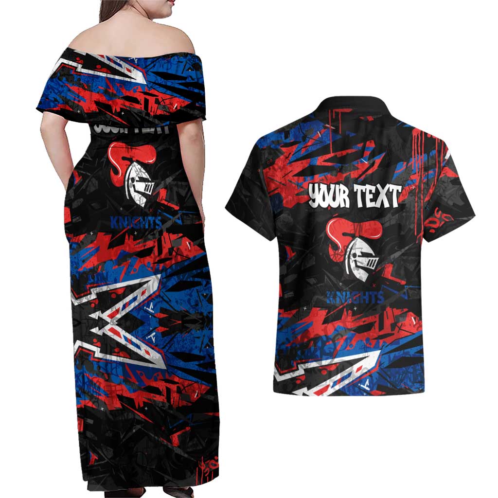 Personalized Newcastle Knights Couples Matching Off Shoulder Maxi Dress and Hawaiian Shirt Graffiti Grunge Abstract Urban Street Style Design