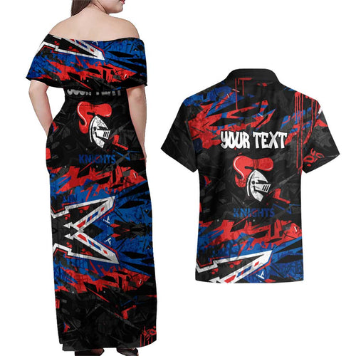 Personalized Newcastle Knights Couples Matching Off Shoulder Maxi Dress and Hawaiian Shirt Graffiti Grunge Abstract Urban Street Style Design