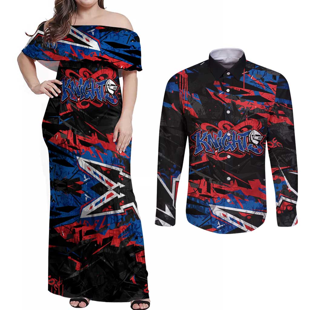 Personalized Newcastle Knights Couples Matching Off Shoulder Maxi Dress and Long Sleeve Button Shirt Graffiti Grunge Abstract Urban Street Style Design