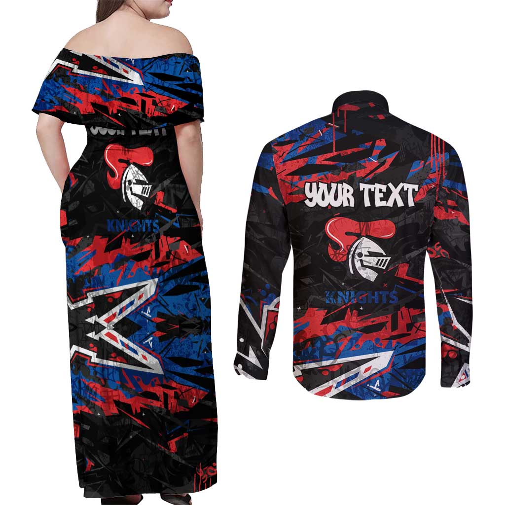 Personalized Newcastle Knights Couples Matching Off Shoulder Maxi Dress and Long Sleeve Button Shirt Graffiti Grunge Abstract Urban Street Style Design