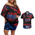 Personalized Newcastle Knights Couples Matching Off Shoulder Short Dress and Hawaiian Shirt Graffiti Grunge Abstract Urban Street Style Design