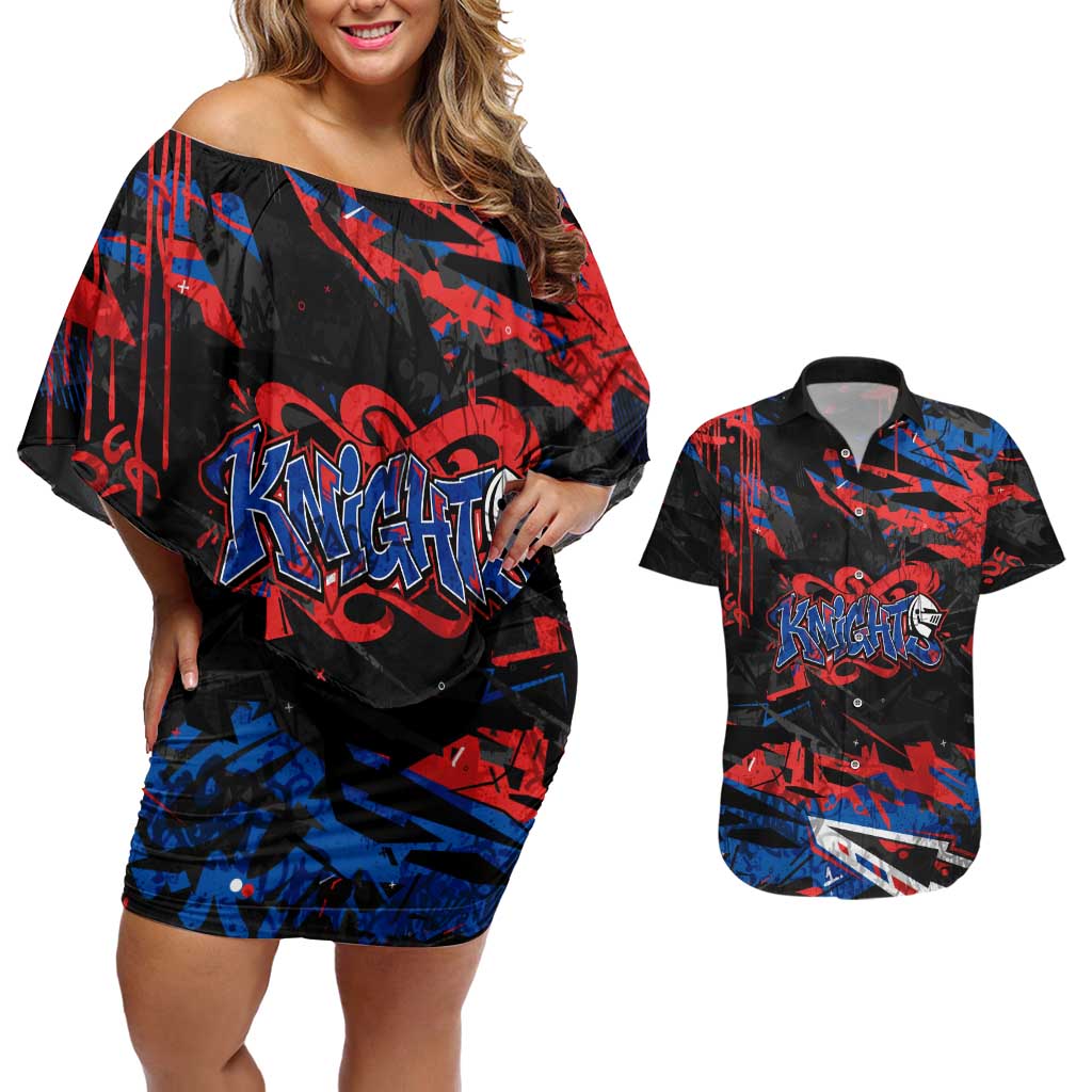 Personalized Newcastle Knights Couples Matching Off Shoulder Short Dress and Hawaiian Shirt Graffiti Grunge Abstract Urban Street Style Design