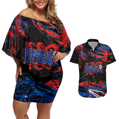Personalized Newcastle Knights Couples Matching Off Shoulder Short Dress and Hawaiian Shirt Graffiti Grunge Abstract Urban Street Style Design