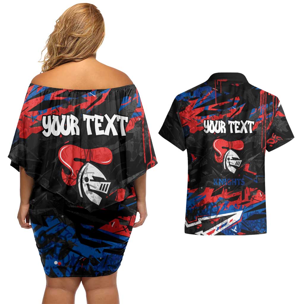 Personalized Newcastle Knights Couples Matching Off Shoulder Short Dress and Hawaiian Shirt Graffiti Grunge Abstract Urban Street Style Design